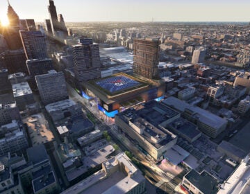 a rendering of a Sixers arena in Philadelphia's Market East neighborhood