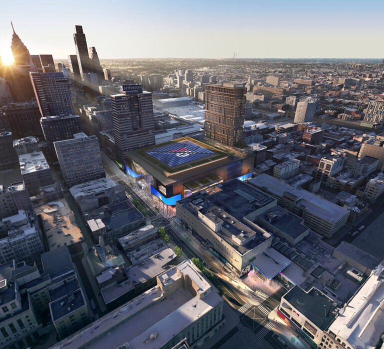 a rendering of a Sixers arena in Philadelphia's Market East neighborhood