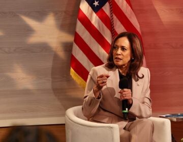 Kamala Harris sitting while holding a microphone