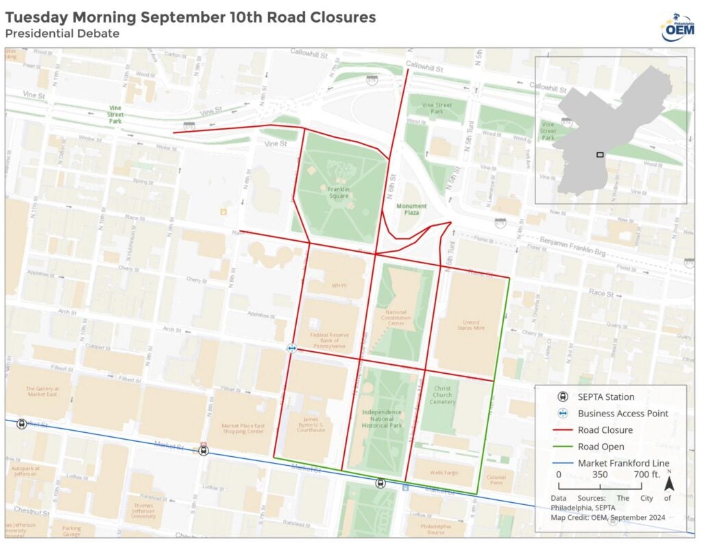 A map of highlights road closures near Philadelphia’s Independence Mall section surrounding the National Constitution Center.