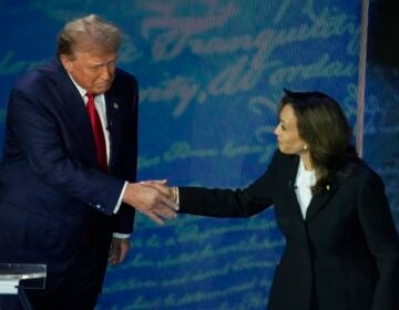 Republican presidential nominee former President Donald Trump shakes hands with Democratic presidential nominee Vice President Kamala Harris during an ABC News presidential debate at the National Constitution Center, Tuesday, Sept.10, 2024, in Philadelphia.