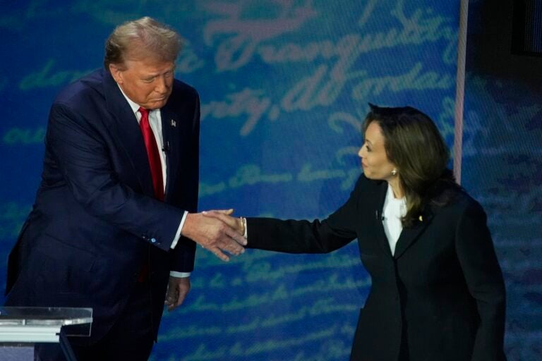 Republican presidential nominee former President Donald Trump shakes hands with Democratic presidential nominee Vice President Kamala Harris during an ABC News presidential debate at the National Constitution Center, Tuesday, Sept.10, 2024, in Philadelphia.