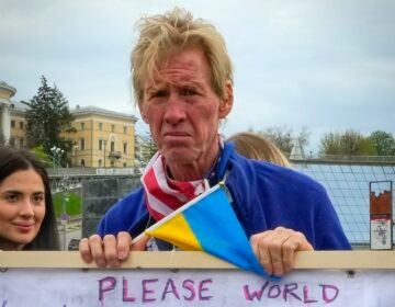 Ryan Wesley Routh takes part in a rally in central Kyiv, Ukraine, Saturday, April 30, 2022.