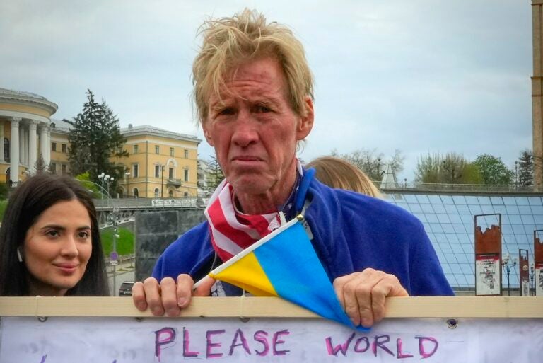 Ryan Wesley Routh takes part in a rally in central Kyiv, Ukraine, Saturday, April 30, 2022.