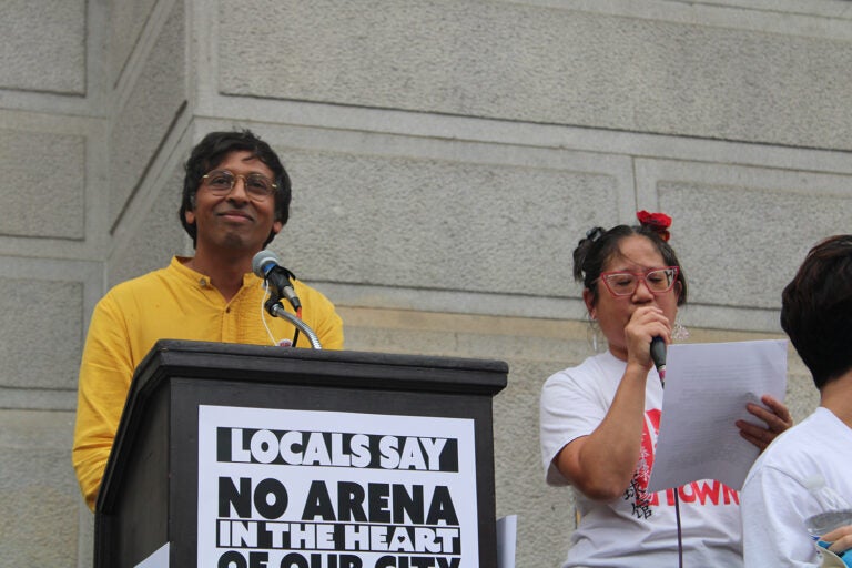 State Senator Nikil Saval speaks at a podium outside City Hall