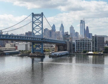 view of the Ben Franklin Bridge from the river