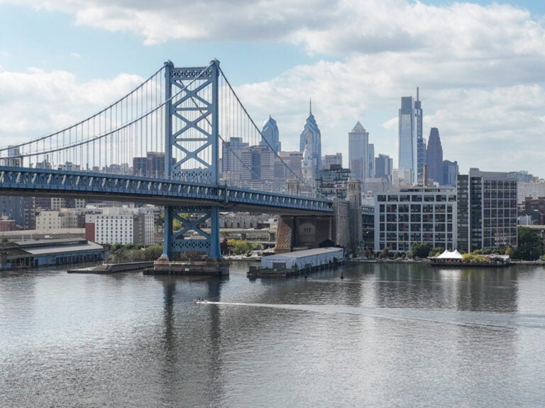 view of the Ben Franklin Bridge from the river