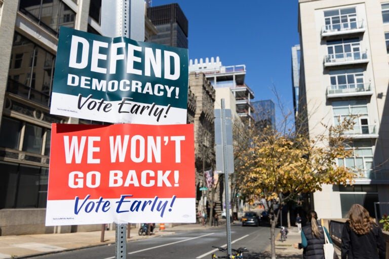 signs read DEFEND DEMOCRACY! VOTE EARLY! WE WON'T GO BACK! VOTE EARLY!