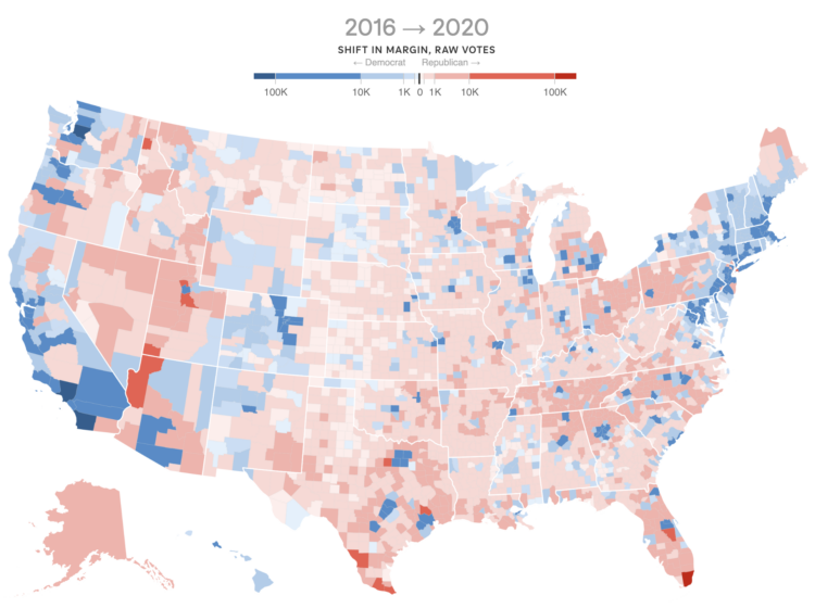 map showing shift in votes across the country