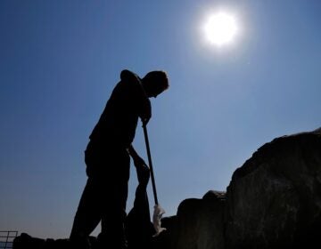 a person holds a shovel in the sun