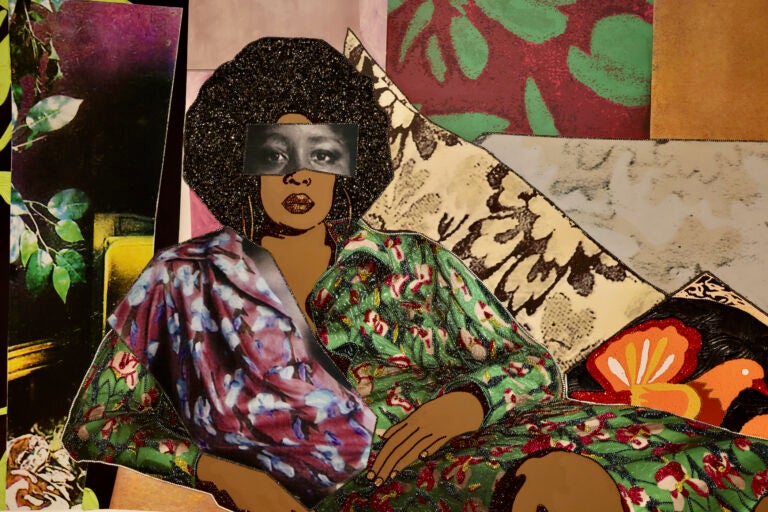 ''Afro Goddess Looking Forward'' is a self-portrait of Camden-born artist Mickaline Thomas, one of about 50 works featured in the Barnes Foundation exhibit, ''Mickaline Thomas: All About Love.'' (Emma Lee/WHYY)