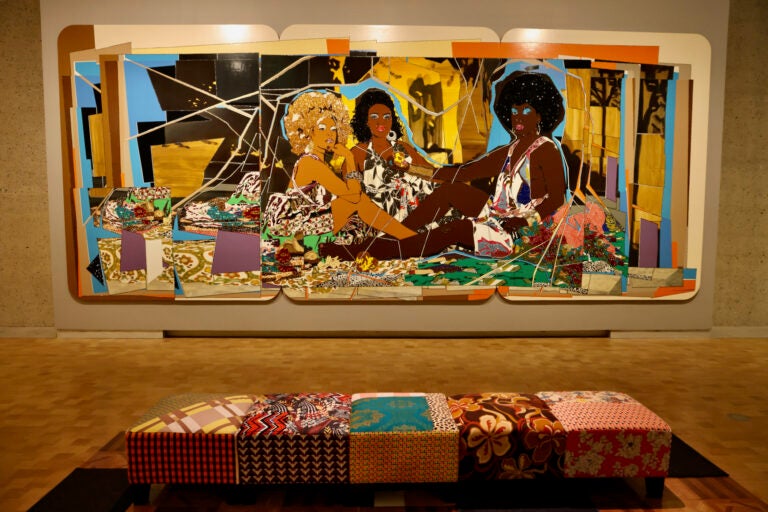 ''Le Déjeuner sur l'herbe: Les trois femmes noires'' (2010) is one of the Mickaline Thomas's largest works. It re-imagines Édouard Manet's 1863 painting, ''Luncheon on the Grass.'' replacing Manet's figures with three empowered Black women. (Emma Lee/WHYY)