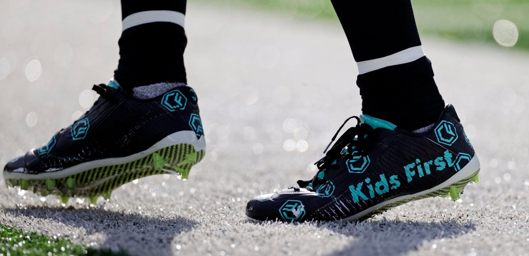 The cleats of Philadelphia Eagles safety Rodney McLeod (23) are seen before an NFL football game against the New York Jets, Sunday, Dec. 5, 2021, in East Rutherford, N.J. (AP Photo/Adam Hunger)