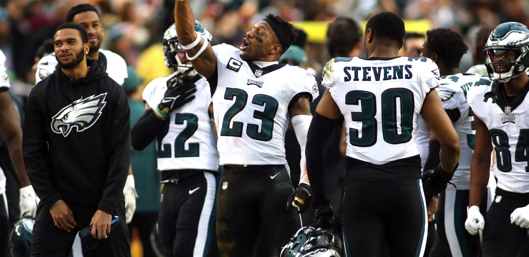 Philadelphia Eagles safety Rodney McLeod (23) celebrates after making an interception during an NFL football game against the Washington Football Team, Sunday, Jan. 02, 2022 in Landover. (AP Photo/Daniel Kucin Jr.)