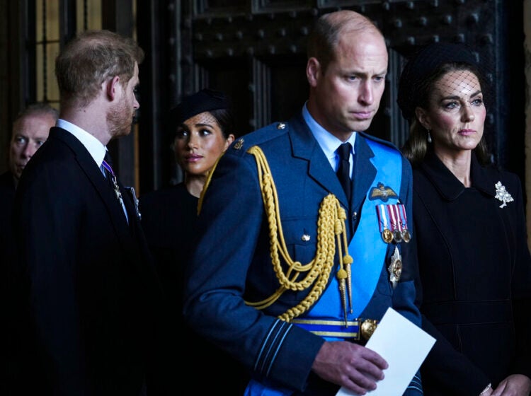 Britain's Prince William, second right, Kate, Princess of Wales, right, Prince Harry, left, and Meghan, Duchess of Sussex, second left, leave after they paid their respects to Queen Elizabeth II lying in state at Westminster Hall, in London, Wednesday, Sept. 14, 2022. (AP Photo/Emilio Morenatti)