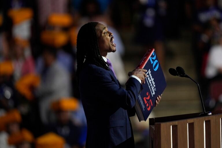 FILE - Pennsylvania state Rep. Malcolm Kenyatta Speaks during the Democratic National Convention, Aug. 20, 2024, in Chicago. (AP Photo/Paul Sancya, File)