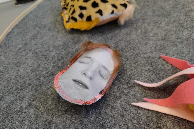 Artist Gwenyth Zeleny Anderson used her own face and hair as a cat toy for the exhibition 