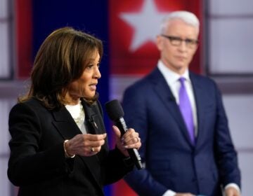 Kamala Harris speaks in front of Anderson Cooper