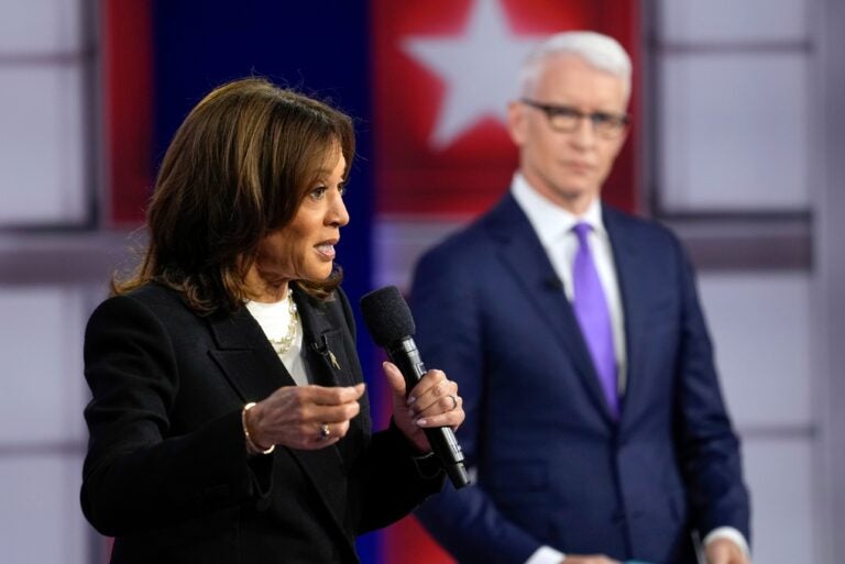 Kamala Harris speaks in front of Anderson Cooper