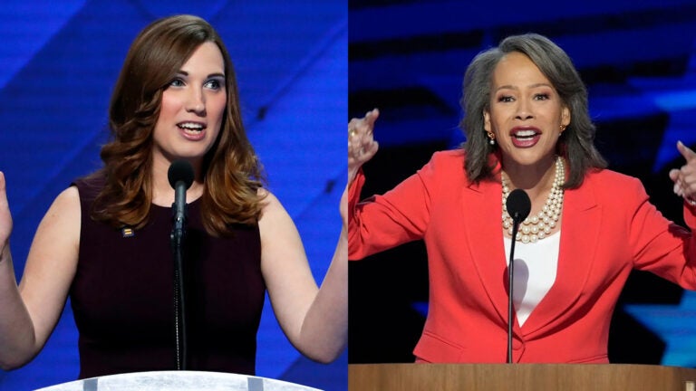 U.S. Rep.-elect Sarah McBride (left) and Sen.-elect Lisa Blunt Rochester (right). (AP Photo/J. Scott Applewhite)