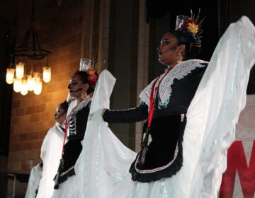 Dancers from Ballet Folklorico Yaretzi performed at Penn Museum and the Mexican Cultural Center's Día de los Muertos celebration on Saturday, Oct. 26, 2024. (Emily Neil/WHYY)