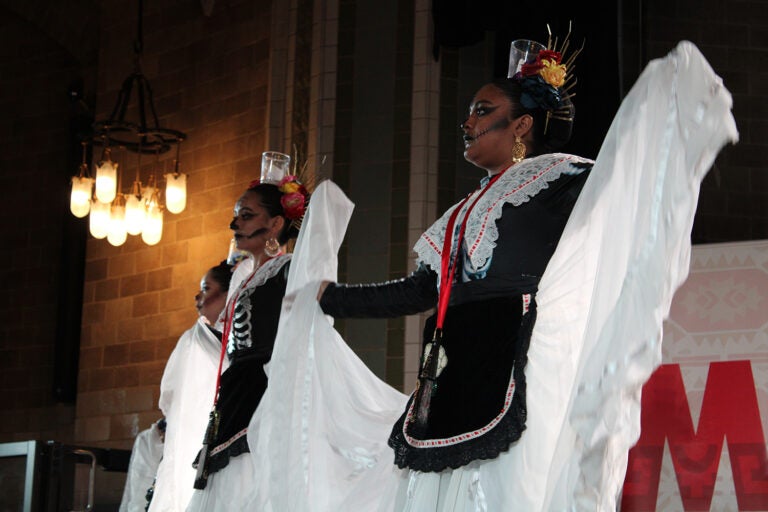 Dancers from Ballet Folklorico Yaretzi performed at Penn Museum and the Mexican Cultural Center's Día de los Muertos celebration on Saturday, Oct. 26, 2024. (Emily Neil/WHYY)