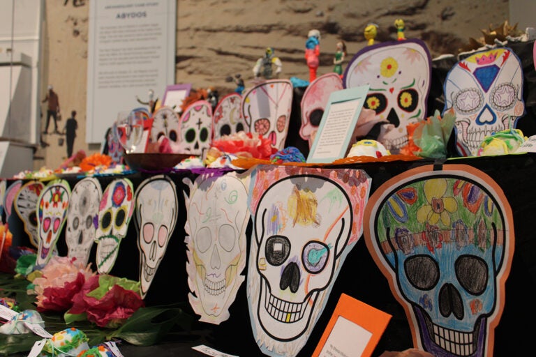 A community ofrenda created by students from a local school is on display at Penn Museum and the Mexican Cultural Center's Día de los Muertos celebration on Saturday, Oct. 26, 2024. (Emily Neil/WHYY)