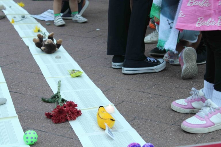 Families for Ceasefire Philly organized a vigil at LOVE Park to remember the Palestinians who have been killed in the Israel-Hamas war. (Emily Neil/WHYY)