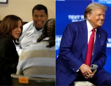 Kamala Harris sits and speaks with others at a table, Trump smiles while holding a microphone