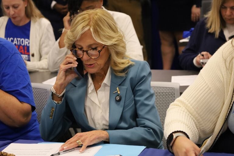 First lady Jill Biden joins volunteers at PSEA phone bank in West Chester, Pa., Oct. 15, 2024 (Amanda Fitzpatrick/WHYY)