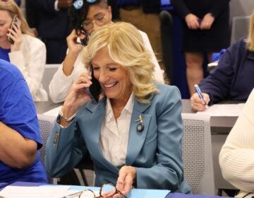 First lady Jill Biden joins volunteers at PSEA phone bank in West Chester, Pa., Oct. 15, 2024 (Amanda Fitzpatrick/WHYY)