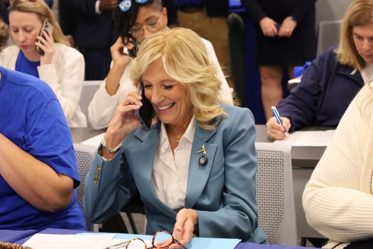 First lady Jill Biden joins volunteers at PSEA phone bank in West Chester, Pa., Oct. 15, 2024 (Amanda Fitzpatrick/WHYY)