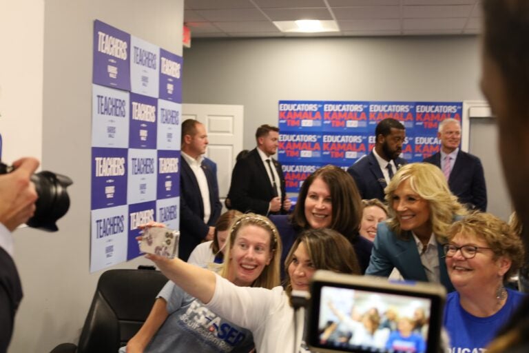 Jill Biden takes selfie with volunteers at PSEA phone bank in West Chester, Pa. (Amanda Fitzpatrick/WHYY)