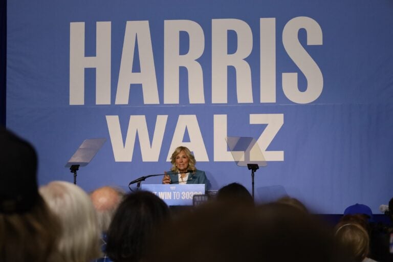 Jill Biden at Montgomery County Community College Oct. 15, 2024 (Amanda Fitzpatrick/WHYY)