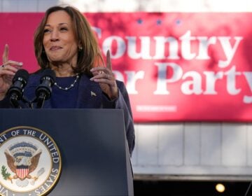 Kamala Harris speaks behind a podium and in front of a sign reading Country Over Party