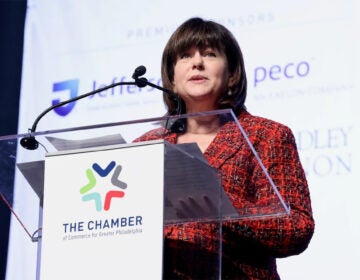 Chellie Cameron, president and chief executive officer of the Chamber of Commerce of Greater Philadelphia speaks at the 2024 annual meeting at the. Pennsylvania. Conventiion Center. (Emma Lee/WHYY)