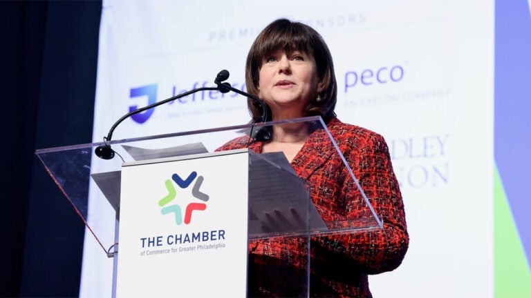 Chellie Cameron, president and chief executive officer of the Chamber of Commerce of Greater Philadelphia speaks at the 2024 annual meeting at the. Pennsylvania. Conventiion Center. (Emma Lee/WHYY)