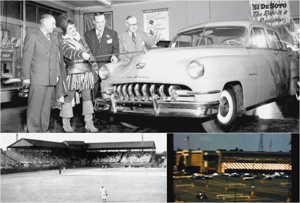 Vintage photos of car dealership, baseball stadium and a shopping center