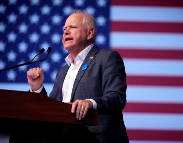 Democratic vice presidential nominee Minnesota Gov. Tim Walz speaks during a campaign rally, Saturday, Oct. 19, 2024, in Papillion, Neb.