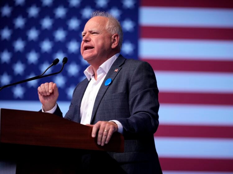 Democratic vice presidential nominee Minnesota Gov. Tim Walz speaks during a campaign rally, Saturday, Oct. 19, 2024, in Papillion, Neb.