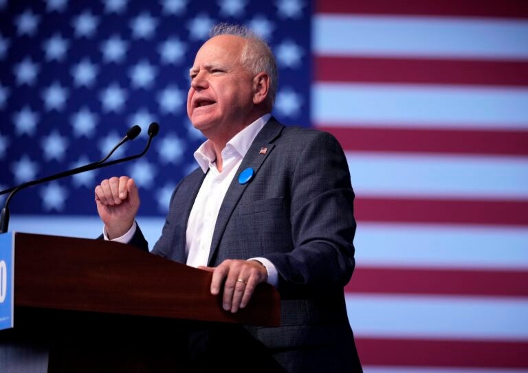 Democratic vice presidential nominee Minnesota Gov. Tim Walz speaks during a campaign rally, Saturday, Oct. 19, 2024, in Papillion, Neb.