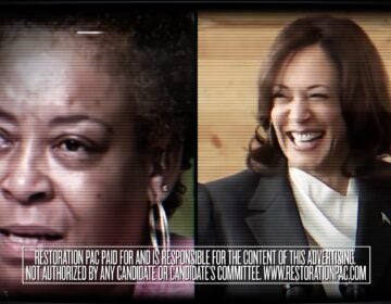 a screenshot of an ad shows Kamala Harris and Kimberly Burrell