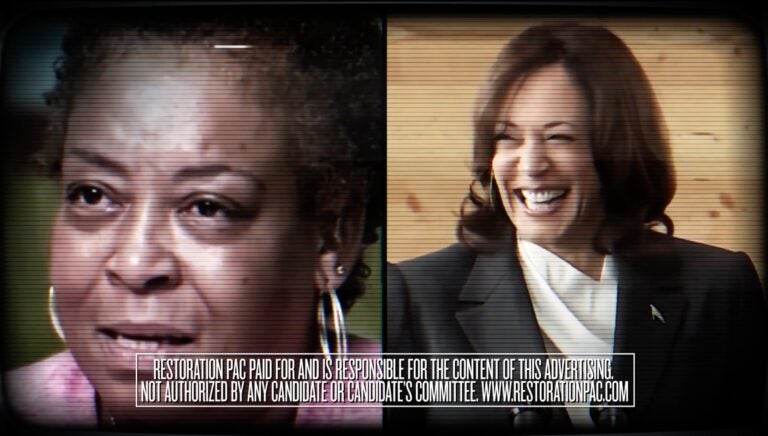 a screenshot of an ad shows Kamala Harris and Kimberly Burrell