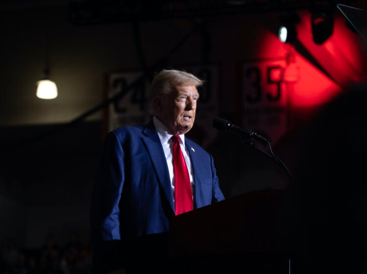 Former President Donald Trump speaks to supporters during a campaign event at Saginaw Valley State University on Oct. 3 in Saginaw, Mich.