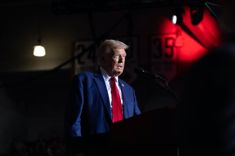 Former President Donald Trump speaks to supporters during a campaign event at Saginaw Valley State University on Oct. 3 in Saginaw, Mich.