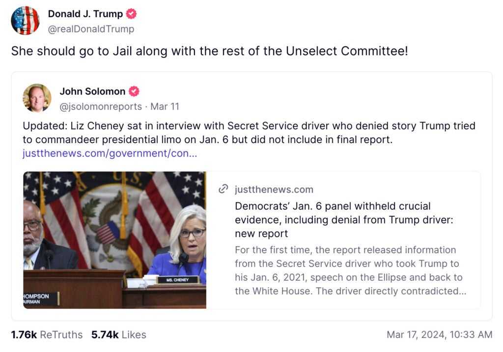 Screenshot of Trump post on Truth Social