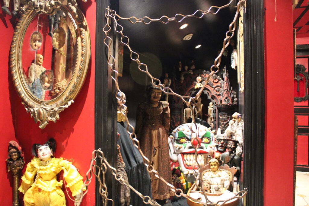 Dolls and other creepy objects sit in a shelf