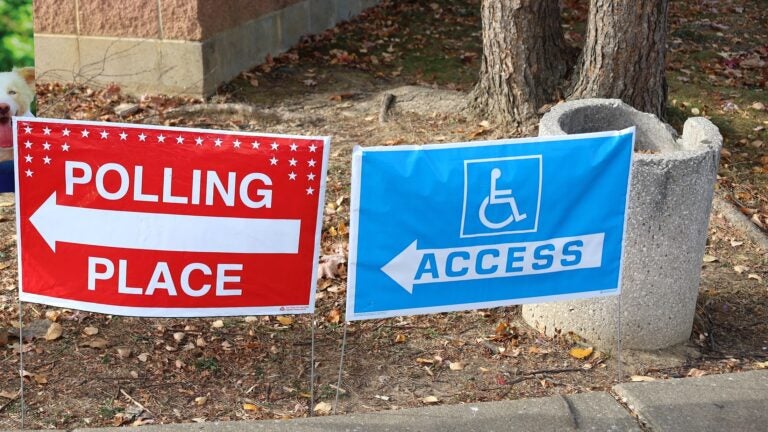 two signs read POLLING PLACE and ACCESS for handicapped voters