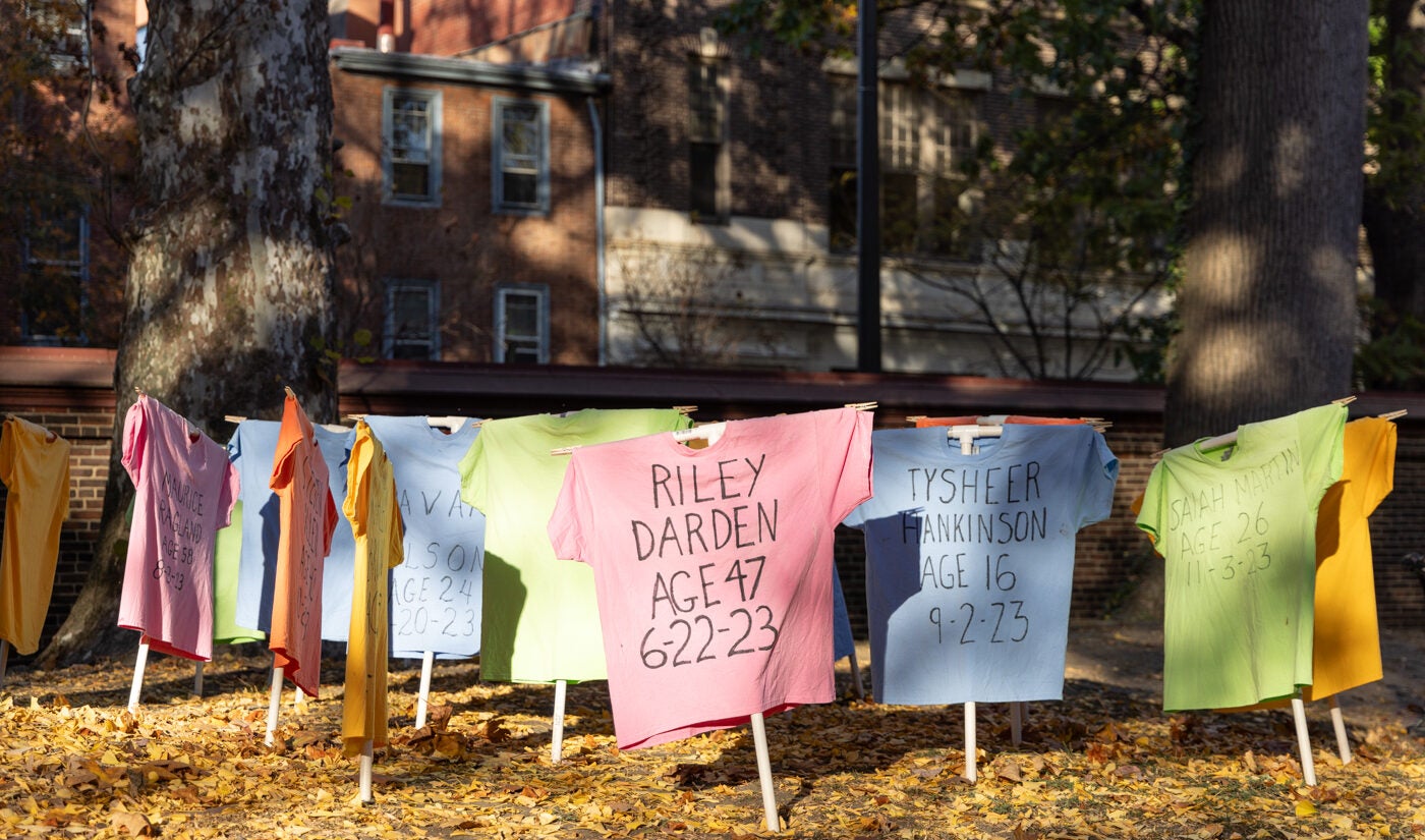 t-shirts with names and dates on stakes in the ground