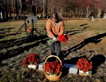 Jennifer O'Donnell of the Friends of Mount Moriah Cemetery lays a bouquet at the reburial site for the remains of nearly 500 people unearthed from a former burial in Old City, Philadelphia. (Emma Lee/WHYY)